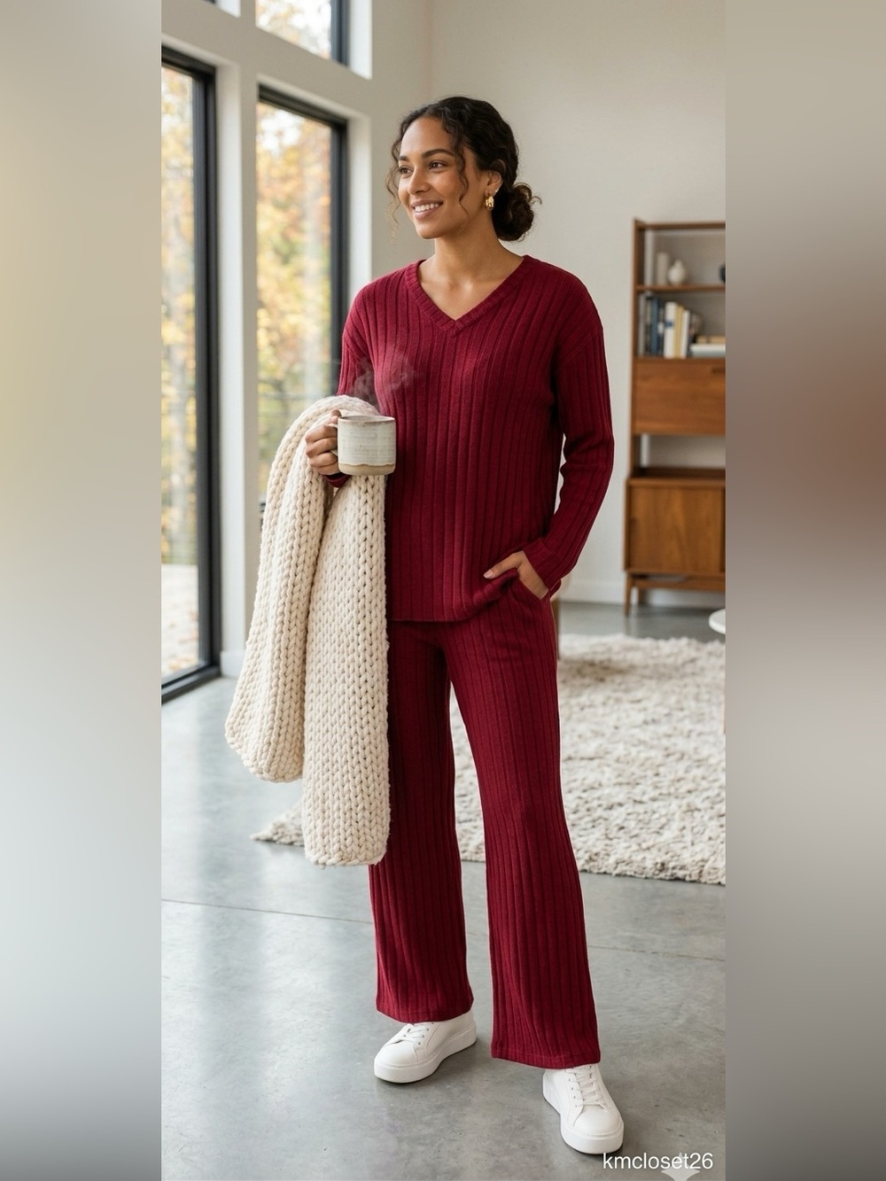 Ribbed Knit 2-Piece Lounge Set Cozy V-Neck Sweater & Wide Leg Pants Burgundy S